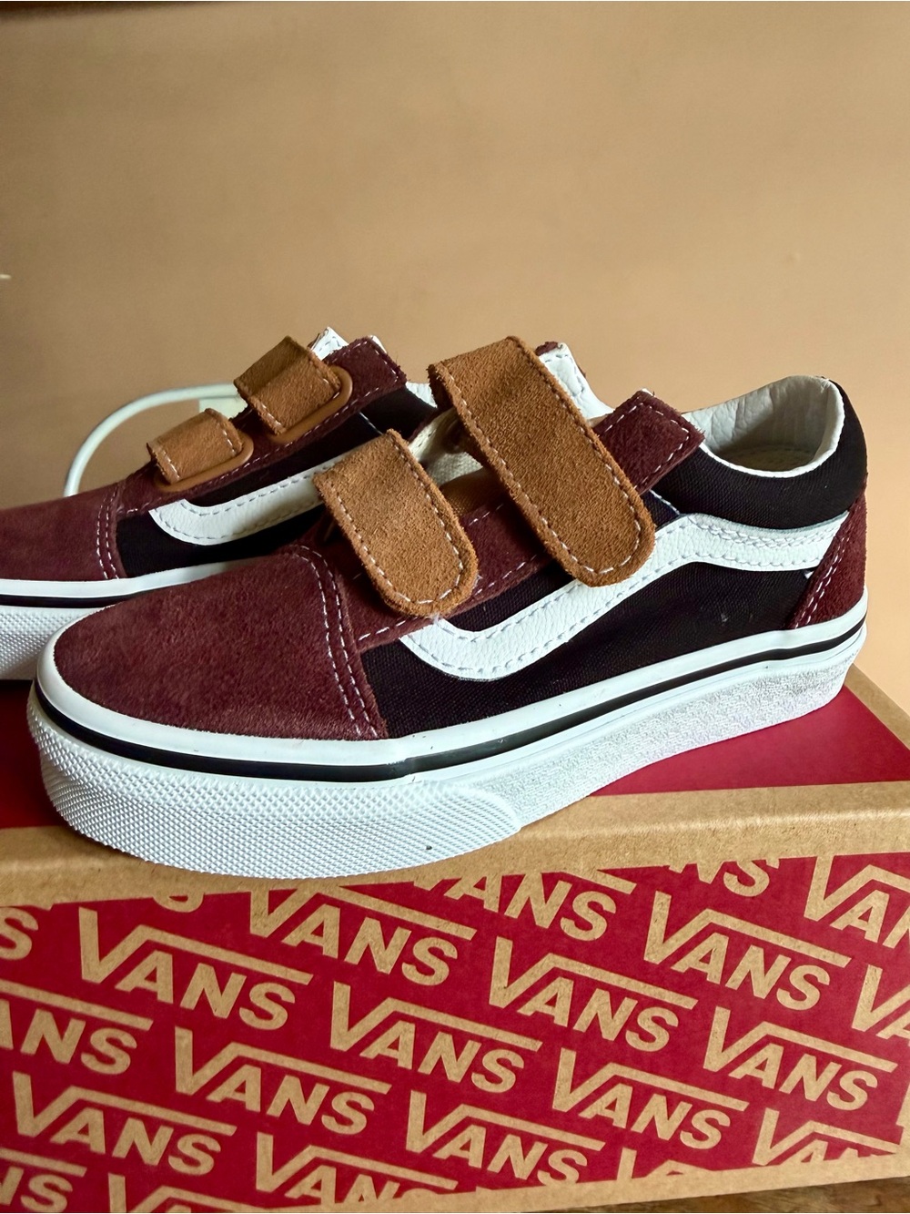 Vans Kids Burgundy, Brown & White Velcro Skate Sneakers